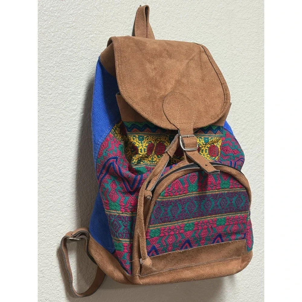 Multicolor Geometric Bohemian Backpack Drawstring Buckle Zip Pockets Women's